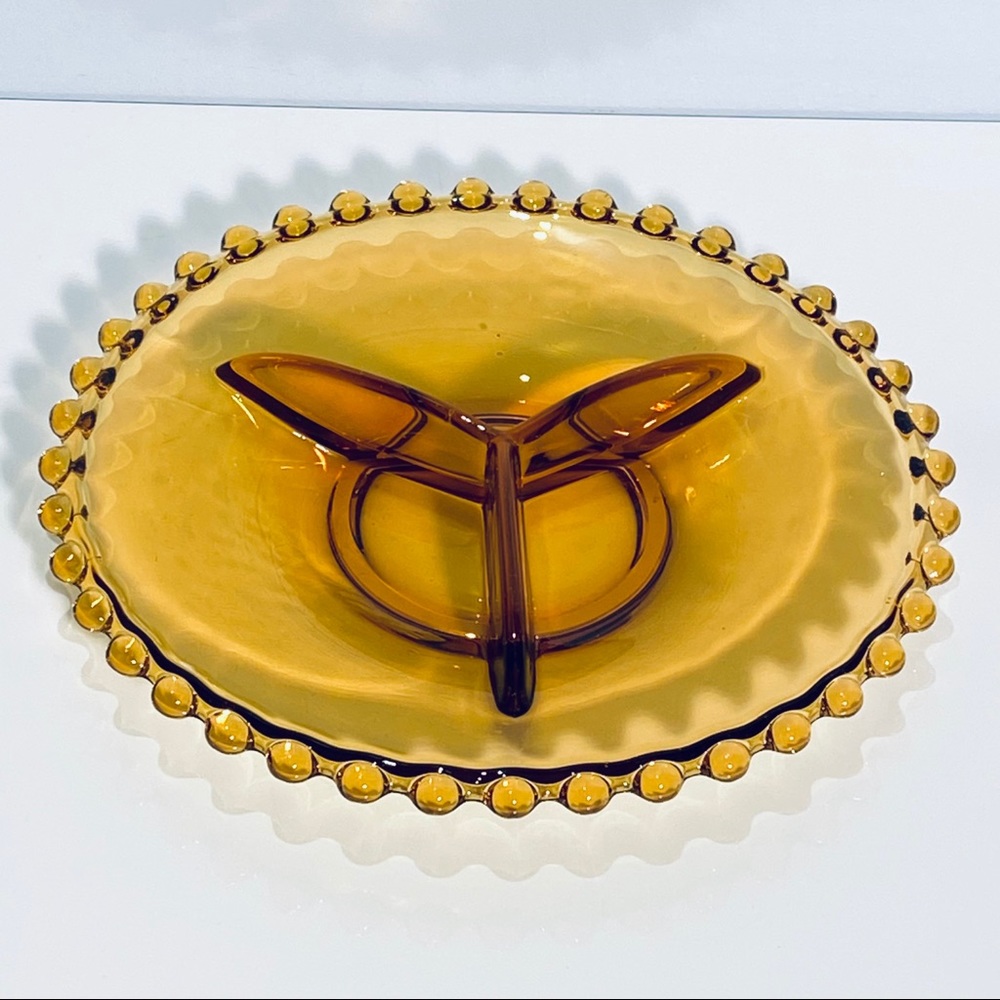 Bohemian Czech Amber Glass Divided Plate Relish Candlewick Dish Vintage